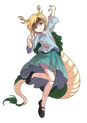 1girl alphes_(style) antlers aqua_skirt arm_up black_shoes blonde_hair blue_bow blue_shirt bow collarbone commentary_request dairi dragon_girl dragon_tail fighting_stance full_body highres horns kicchou_yachie large_variant_set looking_at_viewer mary_janes medium_skirt open_mouth parody red_eyes shaded_face shirt shoes short_hair skirt socks solo standing standing_on_one_leg style_parody tachi-e tail touhou transparent_background turtle_shell variant_set white_socks