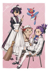 2boys alternate_costume apron black_bow black_dress black_footwear black_hair bow broom chair clone clothed_pokemon crossdressing crossed_bangs dress dual_persona enmaided furret gen_2_pokemon gen_4_pokemon hair_bow highres holding holding_broom jacket kieran_(pokemon) long_sleeves maid maid_headdress male_focus meno_oku mole mole_on_neck multicolored_hair multiple_boys nintendo open_clothes open_jacket open_mouth pokemon pokemon_(creature) pokemon_sv porygon-z purple_bow purple_hair shoes sitting sweat thighhighs trap white_apron white_thighhighs yellow_eyes