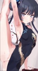 Rule 34 | 1girl, armpits, artist request, black dress, blue archive, blush, braid, braided bun, breasts, butterfly hair ornament, china dress, chinese clothes, coat, double bun, dragon print, dress, grey eyes, hair bun, hair ornament, jacket, kisaki (blue archive), looking at viewer, print dress, pussy, sleeveless, sleeveless dress, small breasts, split, spread armpit, standing, standing on one leg, standing split, striped clothes, striped coat, striped jacket, sweat, twintails, vertical-striped clothes, vertical-striped coat, vertical-striped jacket, yomogi (user nrmn3823)