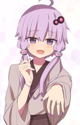 Rule 34 | 1girl, :d, ahoge, blush stickers, commentary, happy tears, highres, japanese clothes, jewelry, kakihito shirazu, kimono, looking at viewer, nail polish, open mouth, pink hair, purple eyes, ring, short hair with long locks, simple background, smile, solo, tears, vocaloid, wedding ring, yukata, yuzuki yukari