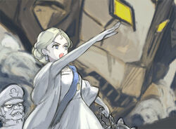 1boy 1girl artesia_som_deikun ball_and_chain_(weapon) blonde_hair blue_eyes blue_sash chain clenched_teeth dress gundam gundam_gquuuuuux hair_bun hat holding holding_chain holding_weapon kaze_no_tani_no_nausicaa mecha mecha_request military_hat muuten open_mouth outstretched_arm ramba_ral robot sash scene_reference teeth weapon white_dress
