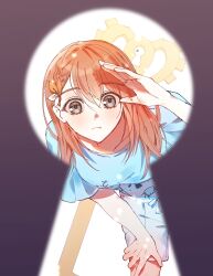 1girl blue_shirt blurry bow braid brown_hair closed_mouth expressionless grey_eyes hair_between_eyes hair_bow hair_ornament hanasato_minori highres leaning_forward looking_at_viewer medium_hair orange_hair project_sekai pudding_hl salute shirt short_sleeves shorts simple_background solo white_shorts