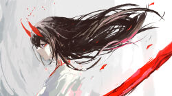 1girl absurdres acheron_(honkai:_star_rail) acheron_(izumo)_(honkai:_star_rail) black_hair closed_mouth commentary floating_hair from_side highres honkai:_star_rail honkai_(series) horns japanese_clothes kimono long_hair menomeno_draw official_alternate_costume profile purple_eyes red_horns solo white_kimono