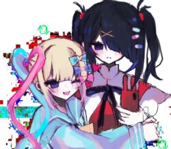 Rule 34 | 2girls, 4 (nn 1 zo), ;d, ame-chan (needy girl overdose), black eyes, black hair, blonde hair, blue eyes, blue hair, blue serafuku, bow, chouzetsusaikawa tenshi-chan, colored tips, diagonal bangs, dual persona, frown, glitch, hair bow, hair ornament, highres, holding, holding phone, hug from side, leaning on person, multicolored hair, multiple girls, multiple hair bows, neck ribbon, needy girl overdose, one eye closed, open mouth, phone, pill hair ornament, pink hair, ribbon, school uniform, selfie, serafuku, short twintails, sidelocks, smile, teeth, twintails, upper body, upper teeth only, winged sleeves, x hair ornament