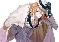 Rule 34 | 1boy, adjusting clothes, adjusting headwear, arm up, black gloves, black shirt, chest tattoo, coat, collared shirt, formal clothes, fur coat, gloves, hand in pocket, holding, jewelry, katsura (guiyuy), lapels, layered sleeves, long sleeves, luca kaneshiro, luca kaneshiro (1st costume), male focus, multiple necklaces, necklace, nijisanji, nijisanji en, notched lapels, one eye closed, open collar, pinstripe pattern, pinstripe suit, ponytail, shirt, simple background, smile, solo, suit, tattoo, teeth, two-sided coat, two-sided fabric, virtual youtuber, white background, white coat, white fur