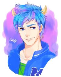 1boy animification blue_eyes blue_hair character_name horns humanization james_p._sullivan male_focus monsters_inc. monsters_university personification shirt short_hair smile teeth upper_body yokotn