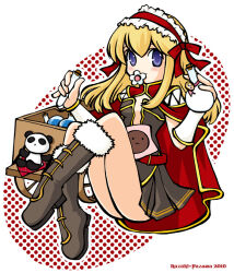 Rule 34 | 1girl, 2010, blonde hair, blush, boots, bow, breasts, brown boots, brown dress, cape, closed mouth, commentary request, creator (ragnarok online), dress, flower, flower in mouth, frilled hairband, frills, full body, fur-trimmed boots, fur trim, gloves, hairband, long hair, looking at viewer, plunging neckline, polka dot, polka dot background, potion, pullcart, purple eyes, ragnarok online, red background, red bow, red cape, red hairband, short dress, sitting, small breasts, solo, vial, white background, white flower, white gloves, yazawa kazuki