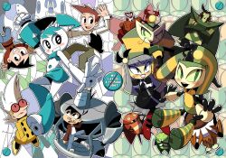 android blue_hair blue_skirt blue_tank_top brad_carbunkle colored_skin green_eyes green_hair green_skirt humanoid_robot jenny_wakeman joints mechanical_hair metal_skin multiple_boys multiple_girls my_life_as_a_teenage_robot queen_vexus robot robot_girl robot_joints rocket_boots screw sheldon_oswald_lee skirt soxy tank_top toon_(style) twintails white_skin