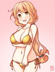 1girl artist_logo bikini breasts brown_eyes cleavage commentary_request cowboy_shot dated folded_hair gold_bikini gradient_background kanon_(kurogane_knights) kantai_collection large_breasts logo long_hair low-tied_long_hair ootomari_(kancolle) orange_hair pink_background side-tie_bikini_bottom smile solo standing swimsuit