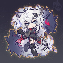 Rule 34 | 1girl, animal ears, antenna hair, arknights, black boots, black gloves, black jacket, black skirt, boots, cape, chibi, commentary, gloves, grey eyes, grey hair, highres, holding, jacket, lappland (arknights), lappland the decadenza (arknights), long hair, long sleeves, looking at viewer, material growth, messy hair, open clothes, open jacket, oripathy lesion (arknights), red cape, scar, scar across eye, scar on face, sharktuna, shirt, skirt, solo, tail, white shirt, wolf, wolf ears, wolf girl, wolf tail