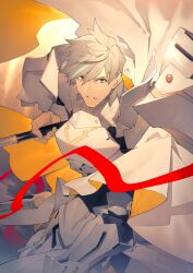 arm_armor armor black_bodysuit blue_eyes bodysuit bracer breastplate cape cowboy_shot dynamic_pose fate/grand_order fate_(series) game_cg gorget grey_hair hair_between_eyes holding holding_polearm holding_weapon long_sleeves looking_at_viewer official_art parted_lips pauldrons percival_(fate) polearm shiramine_(srmn09) short_hair shoulder_armor side_cape third-party_source v-shaped_eyebrows weapon white_cape