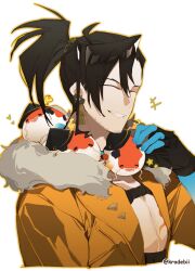 1boy absurdres beard_stubble black_gloves black_hair closed_eyes earrings facial_hair gloves grin high_ponytail highres holostars holostars_english jacket jewelry josuiji_shinri koi koipanion_(josuiji_shinri) kradebii male_focus ponytail simple_background smile solo stubble virtual_youtuber white_background yellow_jacket