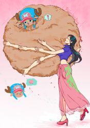 ! 1boy 1girl age_difference alternate_form antlers artist_request black_hair cropped_jacket devil_fruit_power extra_arms hana_hana_no_mi jacket long_hair midriff nico_robin nico_robin_(return_to_sabaody) official_alternate_costume one_piece pink_sarong pink_shoes reindeer reindeer_antlers sarong shoes short-sleeved_jacket short_sleeves smile spoken_exclamation_mark tony_tony_chopper zipper