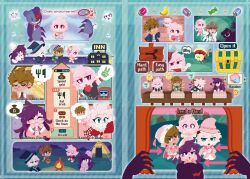 &gt;_&lt; 2girls 3boys ? ahoge alternate_costume armor arrow_(symbol) ass bag banana bird black_hat black_robe blue_hat blue_jacket blue_robe blush blush_stickers box brown_hair brown_helmet brown_jacket brown_necktie building campfire candy cape chair character_name checkered_clothes chibi claws cleric closed_eyes closed_mouth commentary cotton_candy crossover curtains danganronpa:_trigger_happy_havoc danganronpa_(series) danganronpa_2:_goodbye_despair disembodied_face english_commentary english_text eyelashes food fork frown fruit gift gift_box go_hop_to_it goggles goggles_on_headwear great_sage_(miitopia) green_cape green_eyes grin hat heart helmet highres hinata_hajime holding holding_fork holding_gift holding_knife holding_staff holding_stick holding_sword holding_wand holding_weapon inn jacket knife komaeda_nagito long_hair looking_inside miitopia monokuma multiple_boys multiple_girls multiple_views naegi_makoto nanami_chiaki necktie night nose_bubble open_clothes open_jacket open_mouth pajamas pink_cape pink_hair pink_hat pink_helmet pink_robe polka_dot polka_dot_hat polka_dot_pajamas purple_eyes purple_hair red_eyes red_hat red_shirt robe robot rock_paper_scissors rock_paper_scissors_robot_(miitopia) shirt short_hair sign sitting sleeping smile speech_bubble spiked_hair spoken_v staff stick striped_hat sweatdrop sword table teeth tent thought_bubble ticket tongue tongue_out treasure_chest tsumiki_mikan turkey_(bird) twerkey upper_teeth_only wand weapon white_cape white_hair white_hat white_jacket white_robe white_shirt window witch_hat wrapped_candy zzz