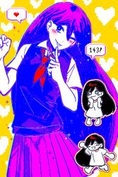 Rule 34 | 2girls, ;), black hair, blue eyes, blue sweater vest, blush, breasts, bright pupils, bu3hgg, chibi, chibi inset, collared shirt, colored skin, cowboy shot, double-parted bangs, dress, dual persona, finger to mouth, hair behind ear, hair between eyes, hands up, heart, heart background, highres, index finger raised, jaggy lines, long hair, looking at viewer, mari (faraway) (omori), mari (headspace) (omori), mari (omori), miniskirt, multiple girls, neckerchief, official alternate eye color, omori, one eye closed, pink skirt, pleated skirt, purple hair, red neckerchief, shirt, short sleeves, skirt, small breasts, smile, sparkle, speech bubble, spoilers, spoken heart, standing, sweater vest, turning head, two-tone background, very long hair, white background, white dress, white eyes, white pupils, white shirt, white skin, yellow background