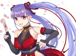 back_bow blue_hair bow breasts collarbone dagger elbow_gloves gloves heaven_burns_red highres holding holding_dagger holding_knife holding_weapon knife large_breasts long_hair masumidashirasu ninja red_eyes satsuki_mari see-through_clothes twintails weapon