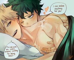 2boys aftersex bakudeku bakugou_katsuki bed boku_no_hero_academia bones_(company) completely_nude curly_hair freckles green_hair messy_hair midoriya_izuku multiple_boys nude on_bed shounen_jump spiked_hair waking_up yaoi