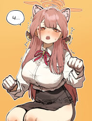 1girl absurdres animal_ears aru_(blue_archive) black_skirt blue_archive blush breasts cat_ears chroong collared_shirt demon_horns extra_ears flying_sweatdrops gloves halo highres horns large_breasts long_hair long_sleeves looking_at_viewer neck_ribbon open_mouth orange_background orange_eyes orange_halo paw_pose pink_hair pink_ribbon ribbon shirt shirt_tucked_in simple_background skirt solo speech_bubble sweatdrop translation_request trembling white_gloves white_shirt