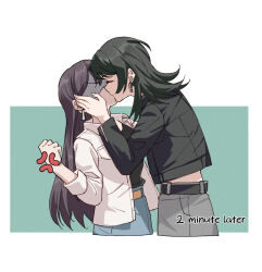 2girls anger_vein angry bang_dream! bang_dream!_it&#039;s_mygo!!!!! belt black_choker black_hair black_jacket black_shirt blue_skirt brown_hair choker clenched_hand closed_eyes cropped_legs earrings english_text grey_skirt hand_on_another&#039;s_cheek hand_on_another&#039;s_face highres jacket jewelry joker_(jjjokerrr233) kiss long_hair medium_hair multiple_girls raised_fist shaded_face shiina_taki shirt skirt white_jacket yahata_umiri yuri