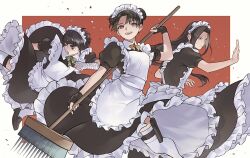 1girl 2boys apron bandaged_arm bandages black_eyes black_gloves black_hair bowl_cut broom brown_eyes crossdressing double_bun dress facial_mark fighting_stance fingerless_gloves flying_kick forehead_mark gloves hair_bun highres holding holding_broom hyuuga_neji kicking long_dress long_hair maid maid_apron maid_headdress multiple_boys naruto_(series) naruto_shippuuden pouch puffy_short_sleeves puffy_sleeves purple_eyes rock_lee short_sleeves tenten_(naruto) thigh_pouch thighhighs usao_(313131) white_thighhighs