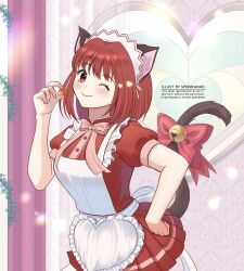 1girl animal_ears apron artist_name bell black_tail bow bowtie cat_ears cat_girl cat_tail food fruit highres jingle_bell maid maid_apron mew_ichigo momomiya_ichigo nao_(sprinkanao) one_eye_closed red_bow red_bowtie red_eyes red_hair strawberry tail tail_bell tail_ornament tokyo_mew_mew tokyo_mew_mew_new
