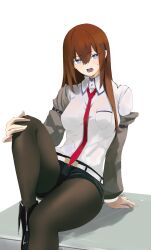 1girl absurdres belt blue_eyes boots breasts brown_hair brown_pantyhose dress_shirt hair_between_eyes highres jacket long_hair looking_at_viewer makise_kurisu necktie open_mouth pantyhose red_necktie s4ika shirt shorts sitting small_breasts solo steins;gate white_background