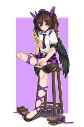 1girl absurdres black_socks black_wings brown_hair cellphone crossed_legs feet flip_phone geta hakurei_fling highres himekaidou_hatate long_hair looking_at_phone parted_lips phone purple_eyes shoes sitting socks soles stool toes touhou twintails unworn_shoes wings