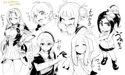 5girls blunt_bangs blush_stickers boku_no_hero_academia cardigan character_name corrin_(female)_(fire_emblem) corrin_(fire_emblem) double_bun fire_emblem game_freak hair_bun highres japanese_text lineart makino_harumaki messy_hair mina_(pokemon) multiple_girls mythra_(xenoblade) nintendo persona persona_5 persona_5_scramble:_the_phantom_strikers pleated_skirt pokemon pokemon_sm school_uniform serafuku skirt sophia_(p5s) toga_himiko translation_request vanellope_von_schweetz wreck-it_ralph xenoblade xenoblade_chronicles_(series) xenoblade_chronicles_2