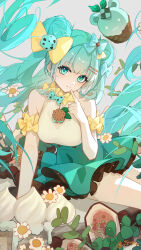 1girl absurdres ai_dongdong alternate_breast_size alternate_hairstyle aqua_dress aqua_eyes aqua_hair breasts chinese_commentary commentary_request dress flower hatsune_miku highres large_breasts long_hair looking_at_viewer sitting smile solo sunflower thighs very_long_hair vocaloid