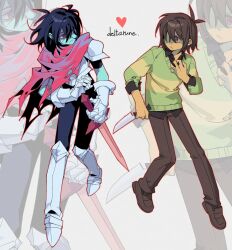 2others androgynous antenna_hair armor blue_hair blue_skin breastplate brown_pants brown_shoes cape colored_skin copyright_name deltarune dual_persona eye_contact full_body gauntlets greaves green_sweater grey_background hair_over_one_eye heart highres holding holding_knife knife kris_(deltarune) looking_at_another multiple_others one_eye_covered other_focus pants pauldrons pink_cape red_eyes sanbel780308 shoes shoulder_armor sweater zoom_layer