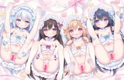 4girls :d bare_arms bare_shoulders black_hair blonde_hair blue_bow blue_eyes blue_hair blush bow bow_panties braid breasts bride brown_hair censored choker clenched_hands closed_mouth clothes_lift clothes_pull collar commentary_request crotchless crotchless_panties detached_collar dot_nose dress dress_bow dress_lift dress_pull flat_chest flower frilled_panties frills from_above hair_between_eyes hair_flower hair_ornament hands_up headdress heart heart_censor highres jewelry knees_to_chest legs_up loli long_hair looking_at_viewer lying multicolored_eyes multiple_girls nipples no_pupils on_back on_bed open_mouth orange_bow orange_eyes original panties parted_lips pink_eyes pink_flower pink_rose purple_eyes raised_eyebrows red_bow ring rose short_dress sidelocks smile straight_hair thighhighs two-tone_eyes underwear upskirt usashiro_mani very_long_hair wedding_dress white_collar white_dress white_hair white_panties white_thighhighs white_wrist_cuffs wrist_cuffs yellow_flower yellow_rose