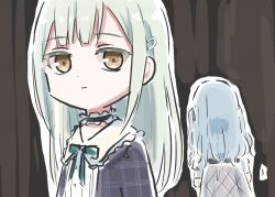2girls bang_dream! bang_dream!_it&#039;s_mygo!!!!! black_choker blue_dress blue_hair choker commentary dress frilled_choker frills green_hair green_ribbon grey_skirt hair_ornament hairclip long_hair lyy multiple_girls neck_ribbon outline ribbon skirt symbol-only_commentary togawa_sakiko two_side_up wakaba_mutsumi white_outline yellow_eyes