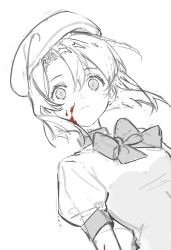 1girl blood blood_on_cheek blood_on_face closed_mouth commentary curtained_hair dress dutch_angle empty_eyes english_commentary expressionless floating_hair frown greyscale hat highres higurashi_no_naku_koro_ni monochrome neck_ribbon puffy_short_sleeves puffy_sleeves ribbon ryuuguu_rena short_hair short_sleeves simple_background sketch solo soybean_(hisoybean) spot_color staring upper_body white_background