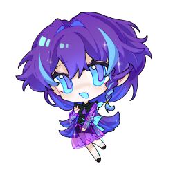 1girl :d ascot back_bow black_dress black_shoes blue_bow blue_eyes blue_hair blue_tongue bow braid chibi chinese_commentary colored_tongue commentary_request crescent crescent_hair_ornament cross-laced_clothes cross-laced_dress double-parted_bangs dress fewer_digits full_body hair_between_eyes hair_intakes hair_ornament highres ive0iv7307 knees_together_feet_apart long_hair long_sleeves looking_at_viewer medium_skirt multicolored_hair no_nose open_mouth original plants_vs._zombies plants_vs._zombies_2 pleated_skirt puffy_long_sleeves puffy_sleeves purple_ascot purple_hair purple_pupils purple_skirt ribbon-trimmed_sleeves ribbon_trim see-through_clothes see-through_skirt see-through_sleeves shoes side_braid simple_background single_braid skirt sleeveless sleeveless_dress smile solo sparkle standing standing_on_one_leg streaked_hair two-tone_hair waving white_background