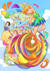 3girls 6+boys alice_(disney) alice_in_wonderland_(disney) apron bare_shoulders bashful_(disney) blonde_hair blue_dress blue_eyes doc_(disney) dopey_(disney) dress dwarf fairy fairy_wings green_dress grumpy_(disney) hair_bun happy_(disney) highres long_hair looking_at_viewer multiple_boys multiple_girls pointy_ears short_hair single_hair_bun sleepy_(disney) smile sneezy_(disney) snow_white_(disney) snow_white_and_the_seven_dwarfs_(disney) strapless strapless_dress takatmaorange tinker_bell_(disney) walt_disney&#039;s_peter_pan white_apron wings