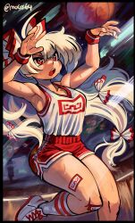 1girl armpits arms_up artist_name ball basketball basketball_(object) basketball_uniform black_border border bow breasts fang fujiwara_no_mokou hair_bow long_hair mogy64 ofuda red_eyes red_shorts shirt_tucked_in short_shorts shorts socks sportswear sweat sweatband tank_top thighs touhou very_long_hair white_bow white_hair white_sneakers white_socks white_tank_top wristband