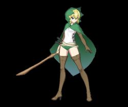 1girl animated animated_gif blinking blue_eyes boots brown_boots brown_gloves buruma cape commentary counter:side cross-laced_slit dungeon_ni_deai_wo_motomeru_no_wa_machigatteiru_darou_ka elbow_gloves english_commentary full_body gloves green_buruma green_cape green_hair high_heel_boots high_heels holding holding_sword holding_weapon hood hood_up hooded_cape looking_to_the_side looping_animation medium_hair official_art ryu_lion simple_background solo standing sword sword_hilt tank_top thigh_boots transparent_background weapon white_tank_top wooden_sword