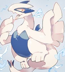 akadako animal_focus arm_up bags_under_eyes blue_background creatures_(company) fang full_body game_freak gen_2_pokemon grey_outline hand_to_own_mouth hand_up happy legendary_pokemon looking_at_viewer lugia nintendo no_humans one-hour_drawing_challenge open_mouth outline outstretched_arm pokemon pokemon_(creature) red_eyes simple_background skin_fang smile solo water