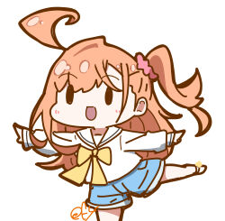 1girl :d absurdres ahoge ballet blue_shorts bow bowtie check_commentary chibi chibi_only commentary_request dancing feet_out_of_frame highres ikizulive!_love_live!_bluebird leg_up light_blush long_hair long_sleeves love_live! one_side_up oofushi_ao open_mouth orange_hair outstretched_arms sailor_collar sailor_shirt shirt shoes short_shorts shorts signature simple_background smile solid_oval_eyes solo spread_arms takahashi_polka white_background white_sailor_collar white_shirt white_shoes yellow_bow yellow_bowtie