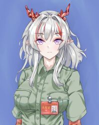 1girl absurdres alternate_costume arknights breast_pocket breasts buttons chinese_commentary closed_mouth collared_shirt colored_extremities commentary_request dragon_girl dragon_horns green_shirt hair_intakes highres horns id_card large_breasts looking_at_viewer lt_mue medium_hair multicolored_hair nian_(arknights) open_collar people&#039;s_liberation_army pocket pointy_ears purple_background purple_eyes red_hair red_star shirt short_sleeves simple_background solo star_(symbol) streaked_hair translation_request upper_body white_hair