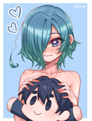 1girl absurdres aijou_rentarou aqua_hair artist_name blue_eyes blue_hair blush character_doll collarbone commentary doll english_commentary gradient_hair grey_background hair_over_one_eye heart heart_in_eye highres jjum_pp kimi_no_koto_ga_dai_dai_dai_dai_daisuki_na_100-nin_no_kanojo long_bangs looking_at_viewer multicolored_hair nakaji_uto nude one_eye_covered short_hair simple_background solo stuffed_toy symbol_in_eye upper_body