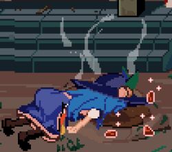 1girl black_hat blue_hair blue_skirt boots brodall_pixel full_body hat hinanawi_tenshi long_hair lying on_stomach peach_hat_ornament pixel_art skirt solo stairs touhou