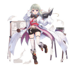 1girl :d black_shorts blush book book_stack boots brown_boots dress fold-over_boots goggles goggles_around_neck grey_hair hand_up highres holding holding_book lab_coat long_hair long_sleeves looking_at_viewer navel official_art open_book open_clothes open_mouth paper_stack pink_dress pointy_ears purple_eyes sennen_sensou_aigis short_shorts shorts simple_background sleeves_past_fingers sleeves_past_wrists smile solo standing standing_on_one_leg thighhighs thighhighs_under_boots tsuchikure v-shaped_eyebrows white_background white_thighhighs