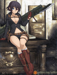1girl artist_name black_hair black_jacket blue_eyes breasts chuunioniika cleavage desk devil_may_cry devil_may_cry_(series) devil_may_cry_4 gloves heterochromia highres holding holding_rocket_launcher holding_weapon jacket kalina_ann_(weapon) lady_(devil_may_cry) micro_shorts navel no_bra official_alternate_color on_desk red_eyes red_gloves rocket_launcher scar scar_on_face scar_on_nose shorts sitting smile weapon