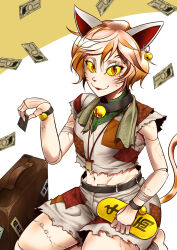 1girl animal_ears banknote bell black_collar blush briefcase cat_ears cat_girl cat_tail coin collar colored_sclera commentary_request cowboy_shot doll_joints ear_bell facial_mark falling_money fangs gold goutokuji_mike grey_shirt grey_shorts highres jewelry jingle_bell joints koban_(gold) looking_at_viewer midriff money navel necklace open_mouth orange_eyes orange_hair patchwork_clothes paw_pose ryuuichi_(f_dragon) shirt short_hair shorts sitting solo tail touhou unconnected_marketeers whisker_markings white_background yellow_sclera
