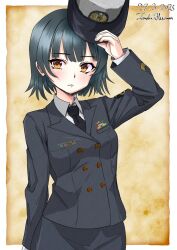 Rule 34 | 1girl, alternate costume, arare (kancolle), black hair, black jacket, black necktie, black skirt, brown eyes, buttons, collared shirt, commentary request, cowboy shot, double-breasted, dress shirt, female service cap, highres, hisamatomoki, jacket, kantai collection, military dress uniform, military uniform, naval dress uniform, naval uniform, necktie, one-hour drawing challenge, ribbon bar, shirt, short hair, skirt, solo, white shirt
