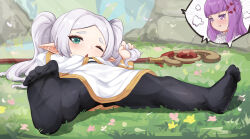 2girls :t anger_vein arm_behind_head batazungharn black_pantyhose blush breasts commentary dress elf female_focus frieren full_body green_eyes highres holding holding_own_hair long_hair lying multiple_girls no_shoes on_back one_eye_closed open_mouth pantyhose parted_bangs pointy_ears puff_of_air purple_eyes purple_hair small_breasts soles solo_focus sousou_no_frieren speech_bubble spoken_character toes twintails white_dress white_hair