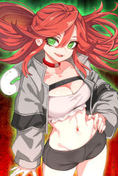Rule 34 | 1girl, ankomochi142, black shorts, breasts, chest strap, choker, cleavage, collarbone, crop top, gachiakuta, green aura, green eyes, grey jacket, hand on own hip, highres, jacket, medium breasts, midriff, navel, red background, red choker, red hair, riyo reaper, short shorts, shorts, solo, stomach, twintails