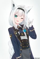 1girl ahoge animal_ears aqua_eyes artist_name ascot aurahman black_corset black_hairband blue_bow blue_bowtie blue_jacket bow bowtie braid braided_ponytail collared_shirt commentary corset fox_ears fox_girl fox_shadow_puppet gloves grey_skirt hair_between_eyes hairband highres hololive jacket long_hair long_sleeves looking_at_viewer one_eye_closed open_clothes open_jacket open_mouth shirakami_fubuki shirakami_fubuki_(aristocrat_kei) shirt sidelocks skirt sleeve_cuffs solo underbust upper_body very_long_hair virtual_youtuber white_background white_gloves white_shirt
