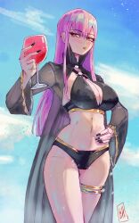 1girl alcohol alternate_costume bikini black_bikini black_nails boutsoftheblind breasts cleavage collarbone cup drinking_glass fingernails gold_thighlet gold_trim halterneck highres holding holding_cup hololive hololive_english jacket jewelry large_breasts long_hair looking_at_viewer mori_calliope nail_polish navel o-ring o-ring_bikini open_clothes open_jacket pink_eyes pink_hair red_eyes see-through_clothes see-through_jacket see-through_sleeves sidelocks solo stomach summer swimsuit thighlet virtual_youtuber wine wine_glass